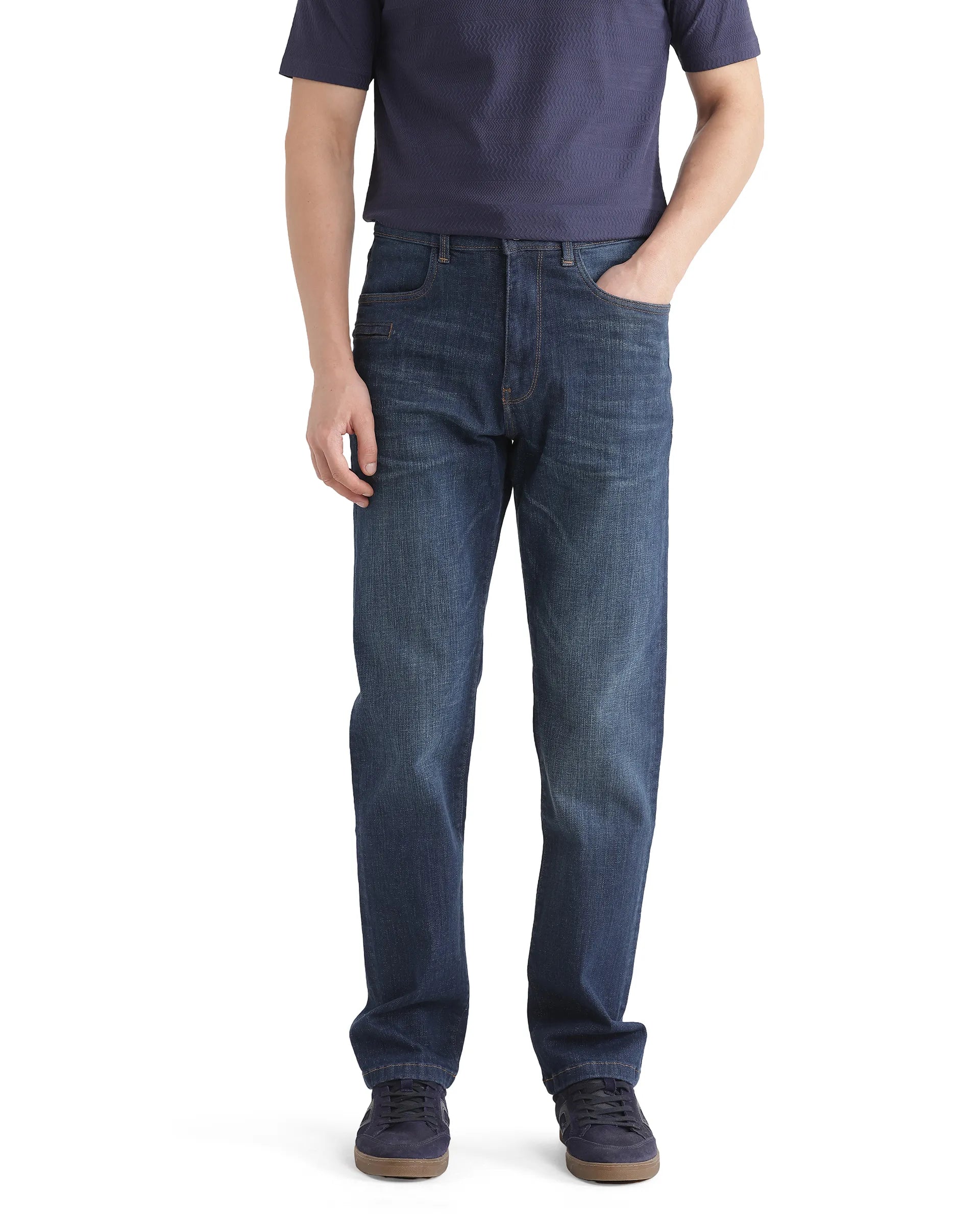 Slim-Fit Men's JeansRare Rabbit Men Kazi Dark Blue Cotton Spandex Fabric Regular Fit Plain Denim Pant Slim-Fit Men's JeansRare Rabbit Men Kazi Dark Blue Cotton Spandex Fabric Regular Fit Plain Denim Pant