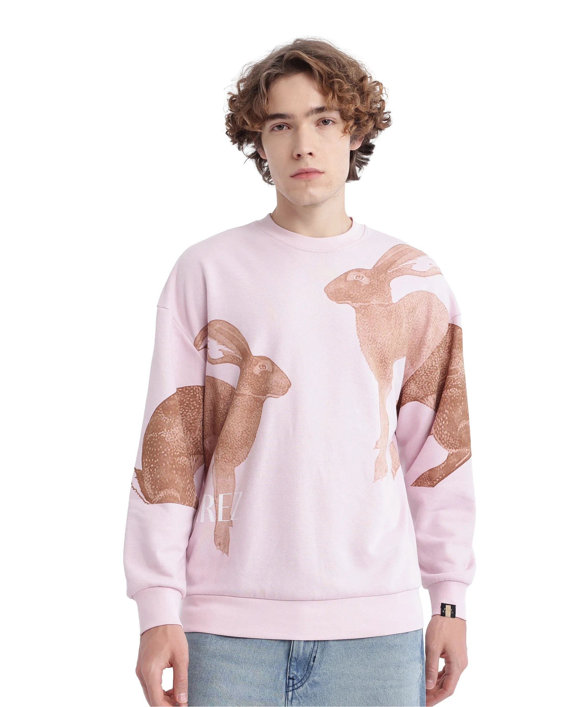 Men's Hoodies with Military InfluenceRare Rabbit Men's Nellei Light Pink Cotton Blend Fabric Full Sleeve Crew Neck Boxy Fit Animal and Typography Print Sweatshirt