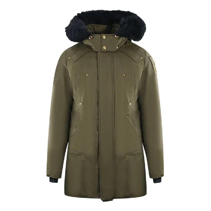 Durable Men's Car CoatsMoose Knuckles Stage Lake Black Trim Green Parka Down Jacket